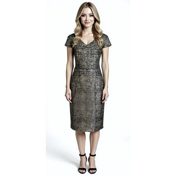 Betsy Johnson Black Gold Cap Sleeve Sheath Cocktail Dress 8 M Wedding Guest Glam - Picture 1 of 9